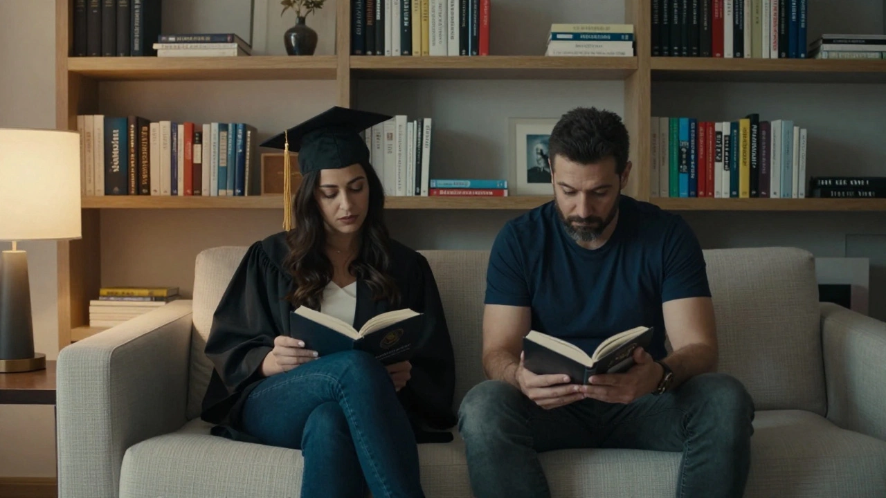 A woman and man sit together in silence, reading a book in a luxurious Dubai apartment.