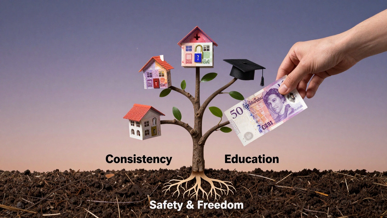 Hand placing a banknote into a tree made of money and investment charts, symbolizing growing wealth.