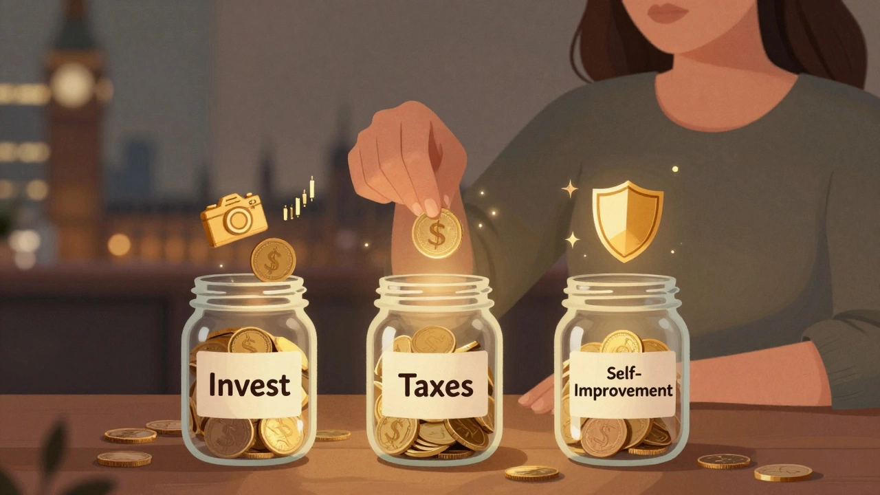 Woman dividing money into three glowing jars for investing, taxes, and self-improvement.